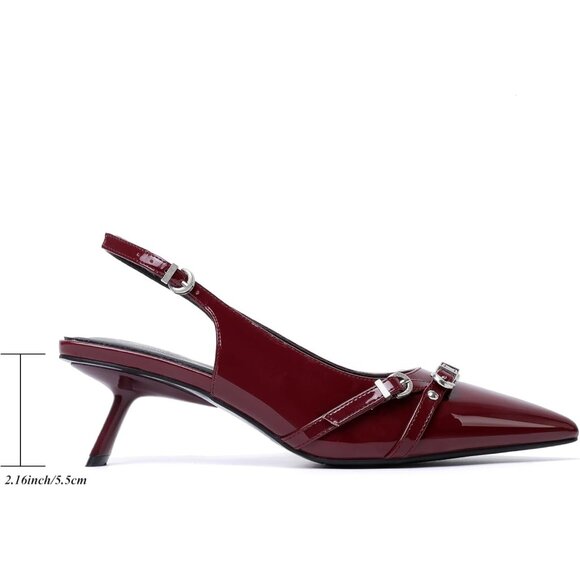 Mostrin Kitten Heel Red Faux Leather Low Slingback Heels with Buckle Dress Shoes - Picture 2 of 8